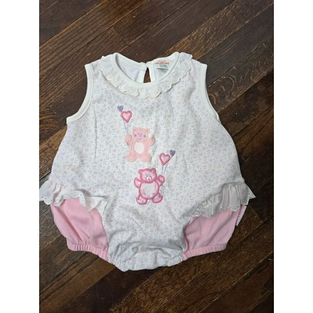 Vintage Baby Girl Pink Ruffled Flower Teddy bear One Piece 12 months
